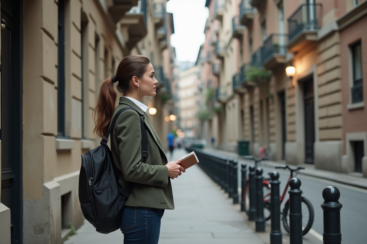 Jeune femme observant les émissions dans un quartier ancien
