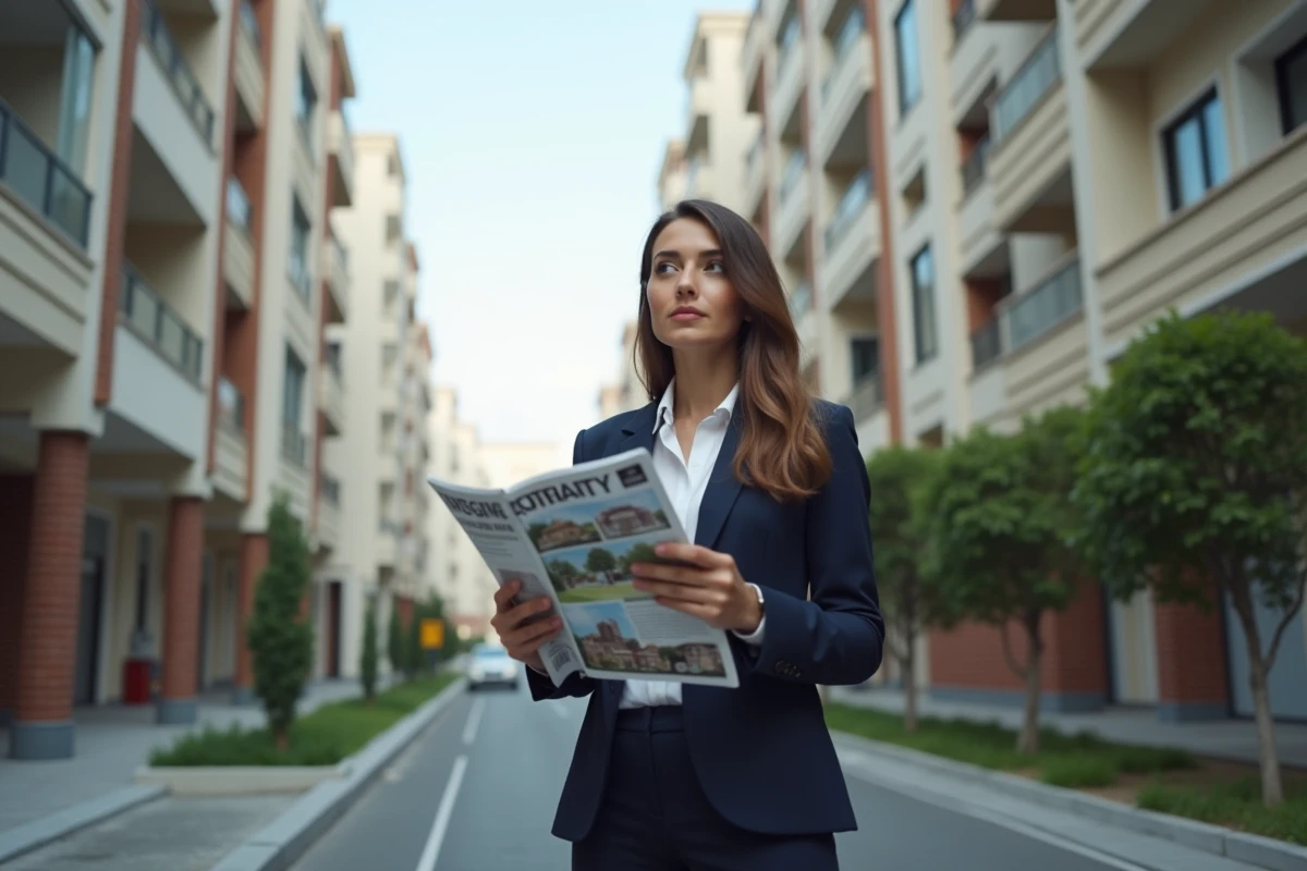 Jeune femme en extérieur tenant magazine immobilier