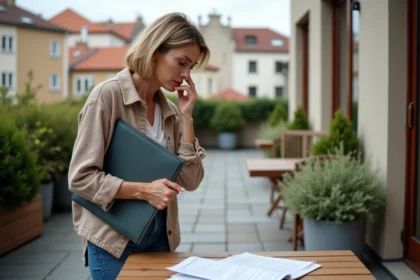 Femme d'âge moyen avec dossier sur terrasse urbaine