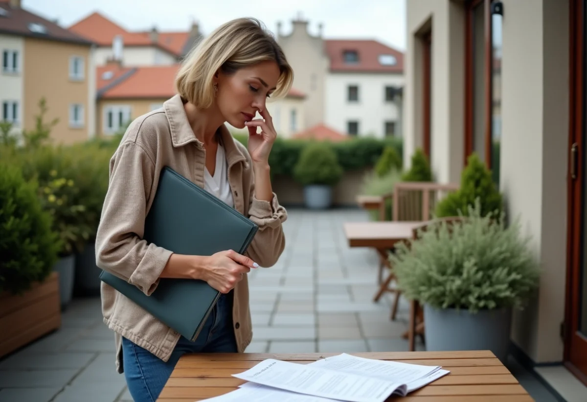 Femme d'âge moyen avec dossier sur terrasse urbaine