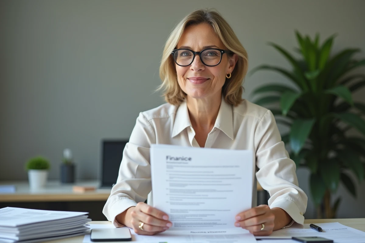 Femme vérifiant un document financier dans un bureau