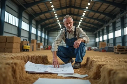Fermeur étudiant un plan dans un hangar agricole moderne