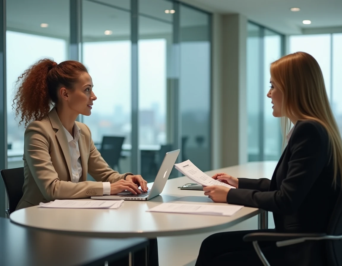 Femme en reconversion discutant du financement de sa transition professionnelle avec un conseiller financier dans un bureau moderne