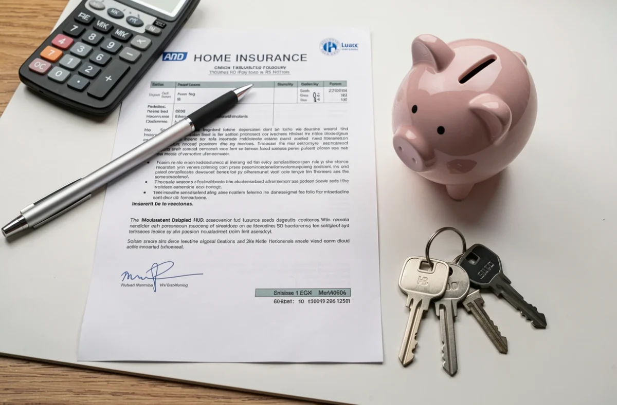 Vue aérienne d'une police d'assurance habitation avec calculatrice, clés et tirelire sur un bureau