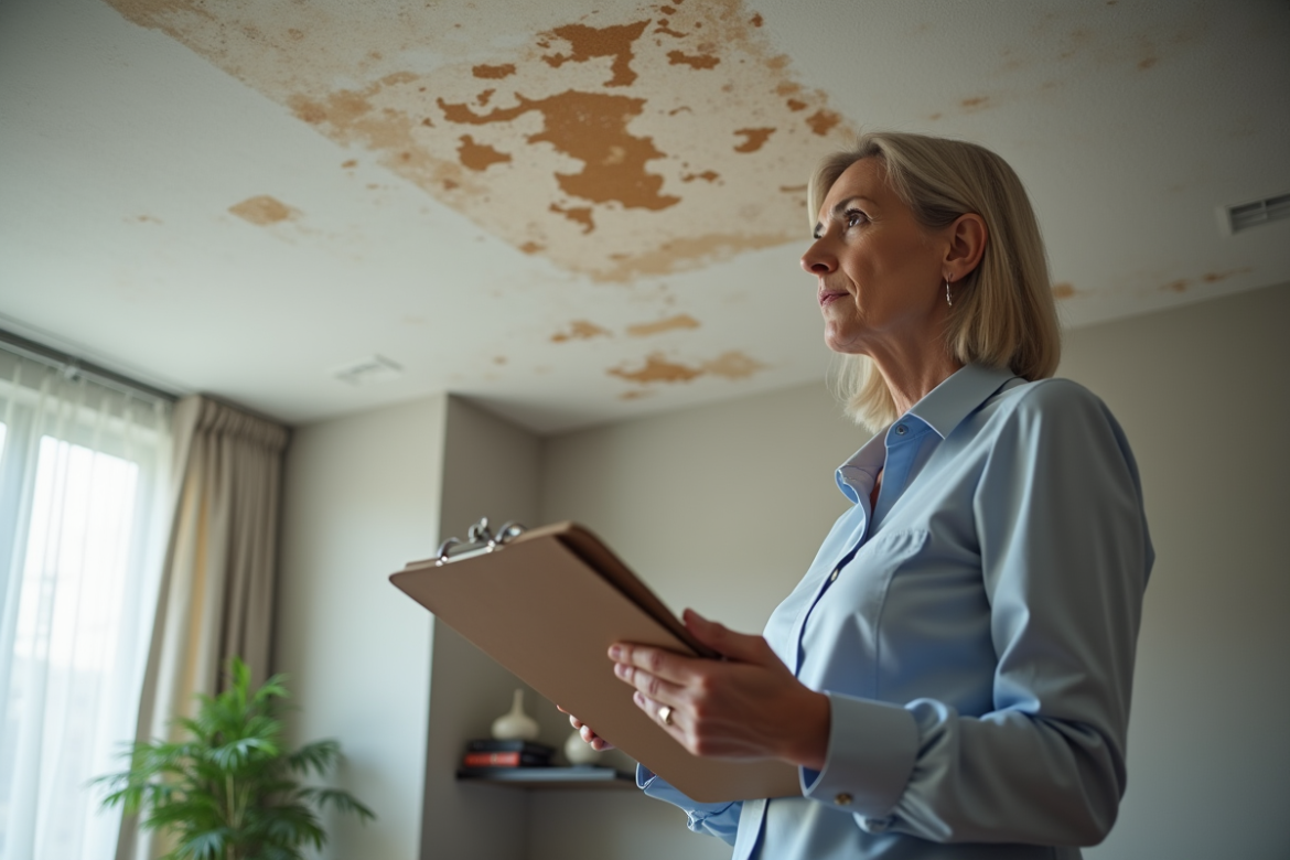 Gestionnaire immobilier examine une tache d'humidite au plafond