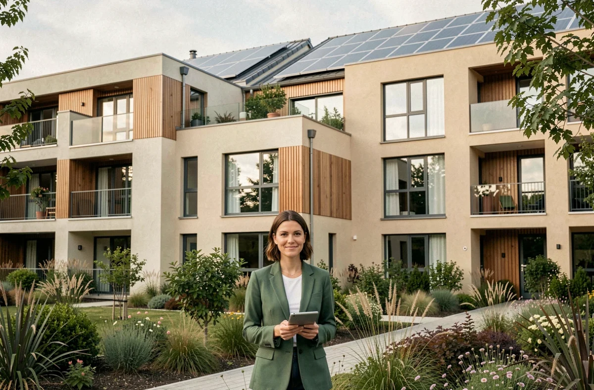 Immeuble résidentiel écologique de Green City Immobilier à Toulouse avec façade moderne et aménagement paysager verdoyant