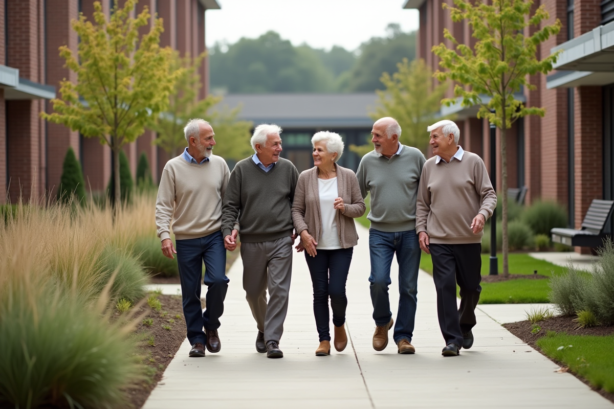 Groupe de seniors se promenant dans un jardin moderne