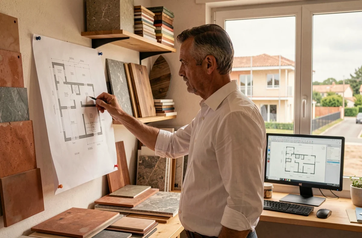 Architecte du Groupe Cailleau dans son atelier à Toulouse entouré d'échantillons de matériaux régionaux et de plans d'élévation