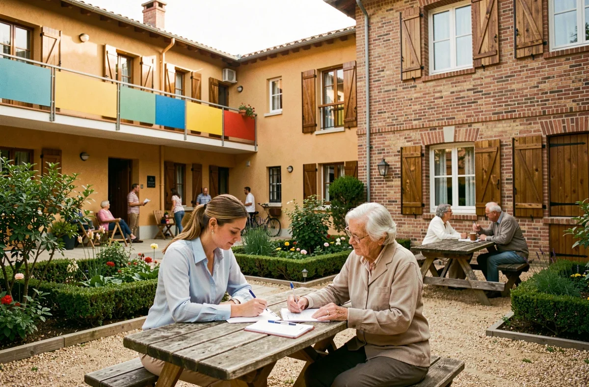 Résidence du Groupe des Chalets à Toulouse avec jardin collectif animé et conseillère aidant un résident dans la cour