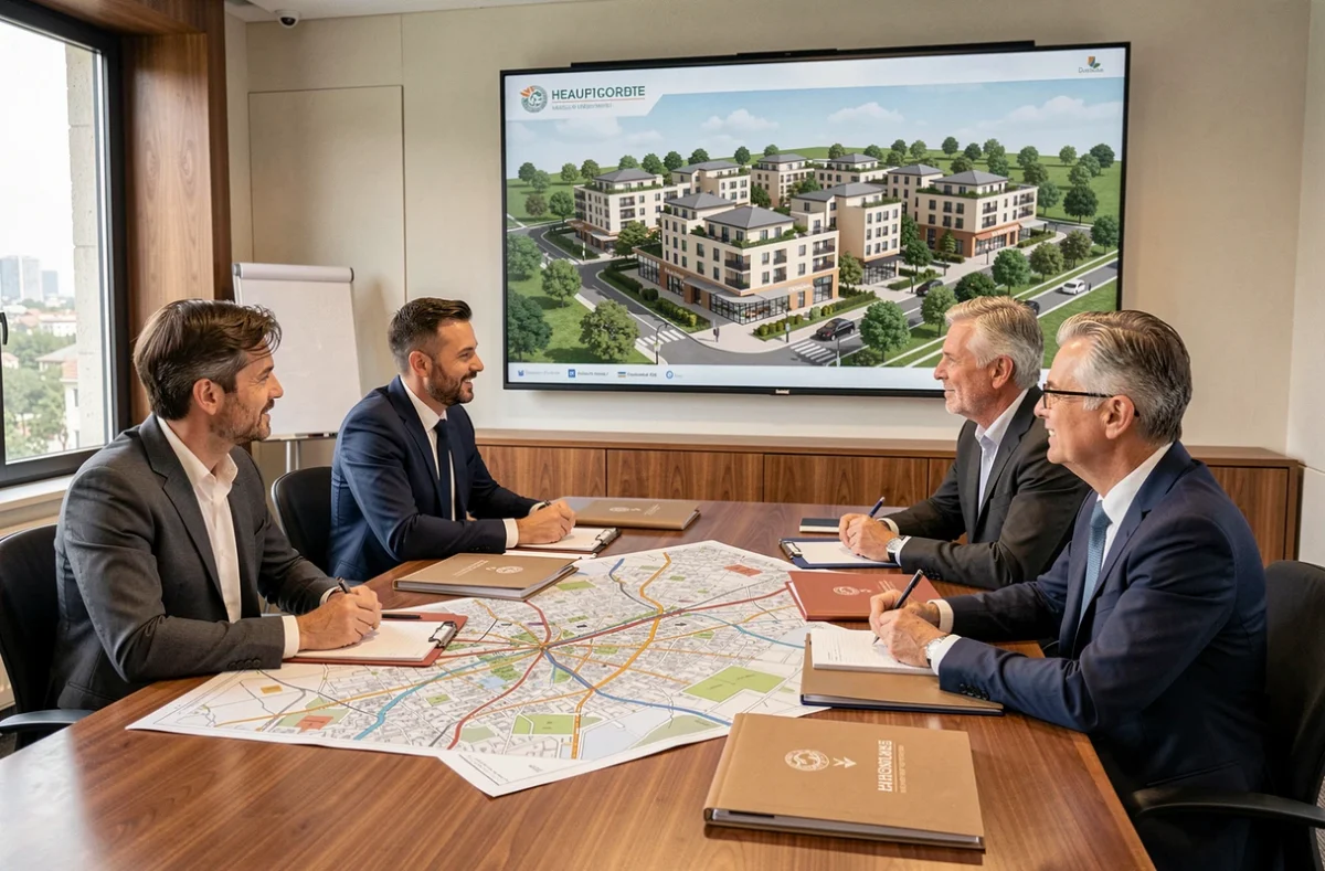 Équipe du Groupe Promomidi réunie autour d'une table de réunion avec des plans de développement immobilier en Haute-Garonne
