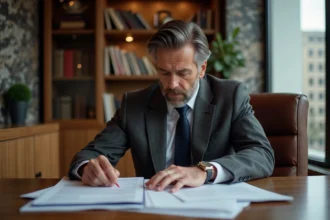 Homme d'affaires en costume lisant des documents dans un bureau élégant