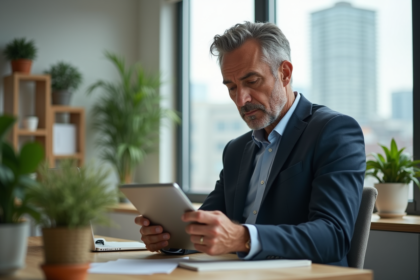 Homme d'affaires en costume examine des annonces immobilières