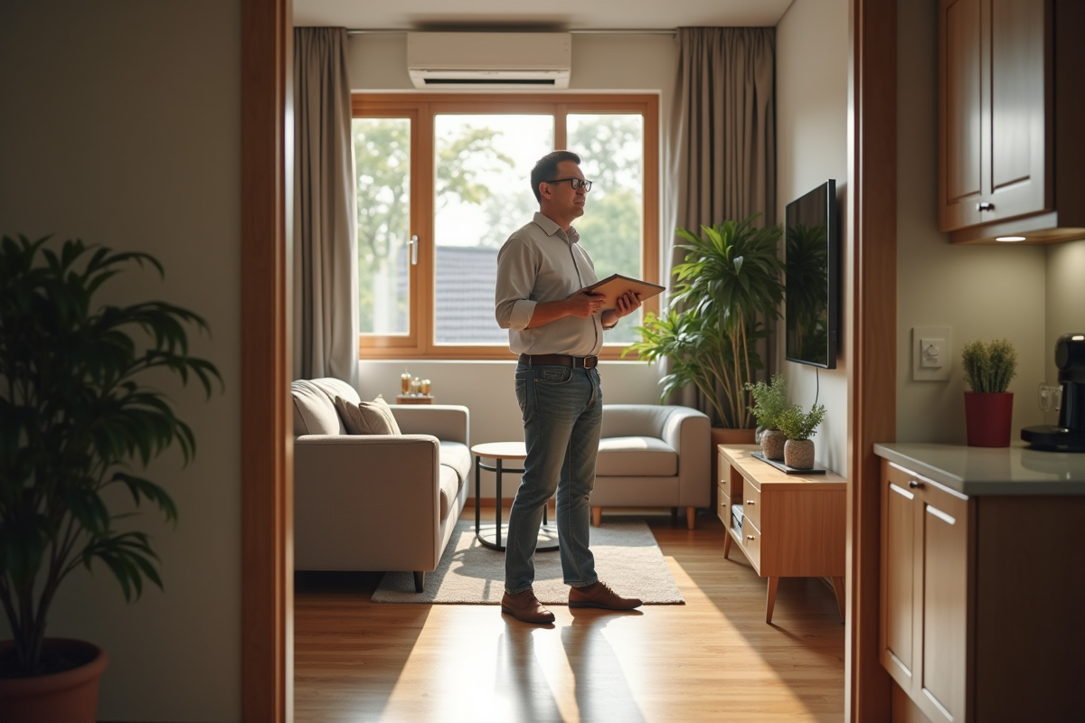 Homme devant un appartement rénové et lumineux
