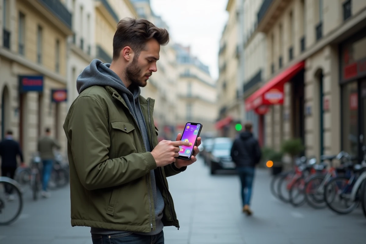 Homme consultant une application de filtres de recherche de logement sur smartphone dans une rue urbaine proche de son lieu de travail