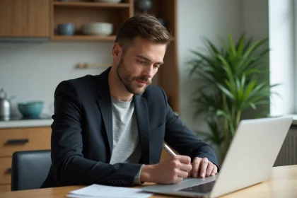Homme en blazer concentré sur son ordinateur dans un intérieur moderne