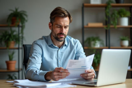 Homme daffaires analysant des factures dans un bureau moderne