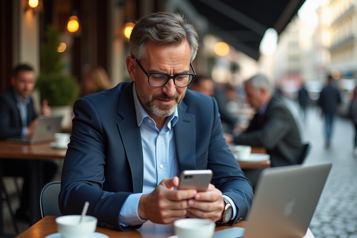 Homme en costume examinant son smartphone au café en ville