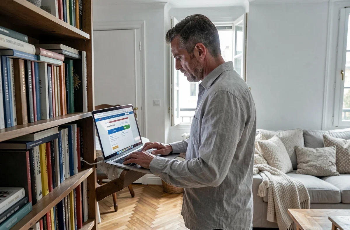 Homme comparant des offres d'assurance habitation sur un ordinateur portable dans un salon meublé