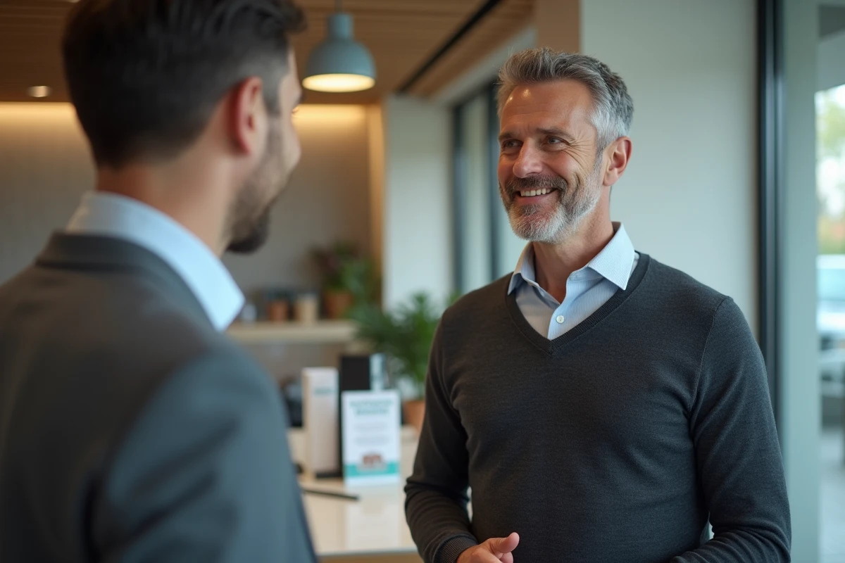 Homme en tenue décontractée discutant avec conseiller bancaire en agence