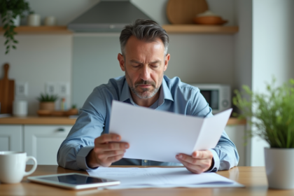 Homme d'âge moyen examinant des documents d'assurance à la maison