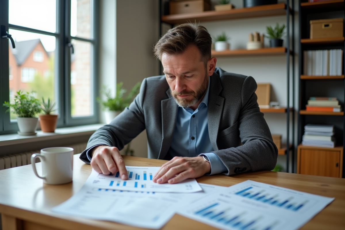 Homme discutant de chiffres immobiliers sur une table