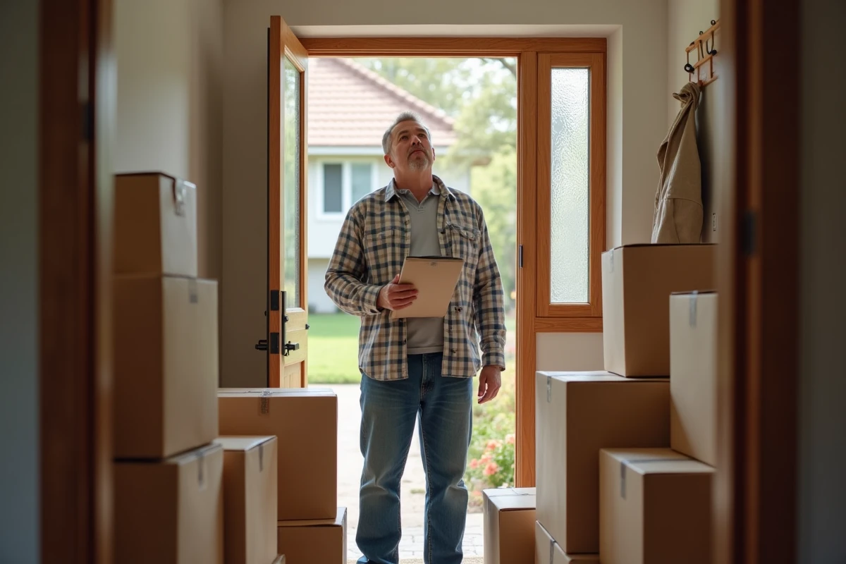 Homme réfléchissant parmi les cartons de déménagement