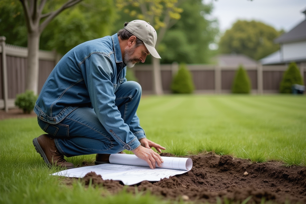 Homme en vêtements décontractés examine un sol dans un jardin résidentiel