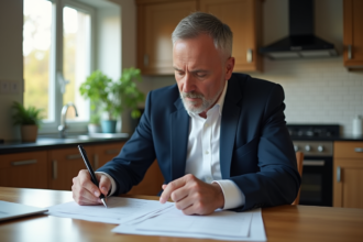 Homme d'âge moyen en costume bleu examine des documents financiers
