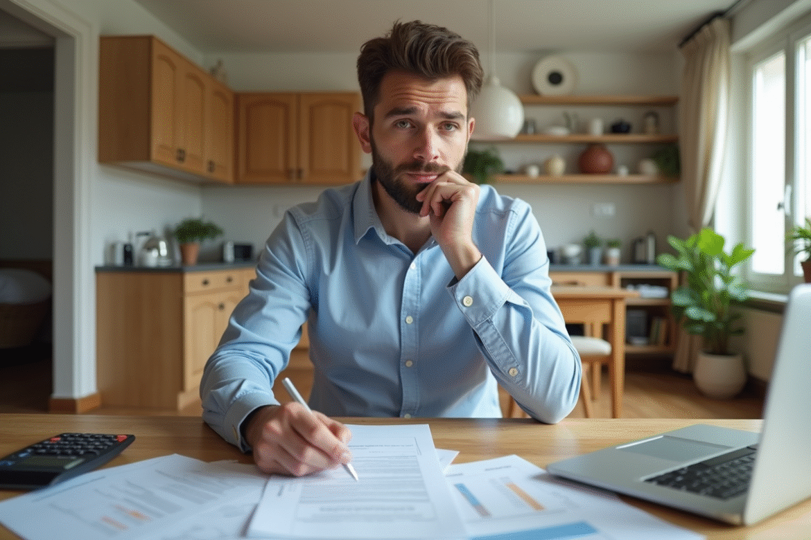 Homme concentré examinant documents de location dans un appartement