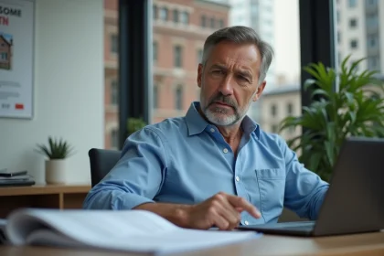 Homme d'âge moyen en bureau immobilier regardant des papiers