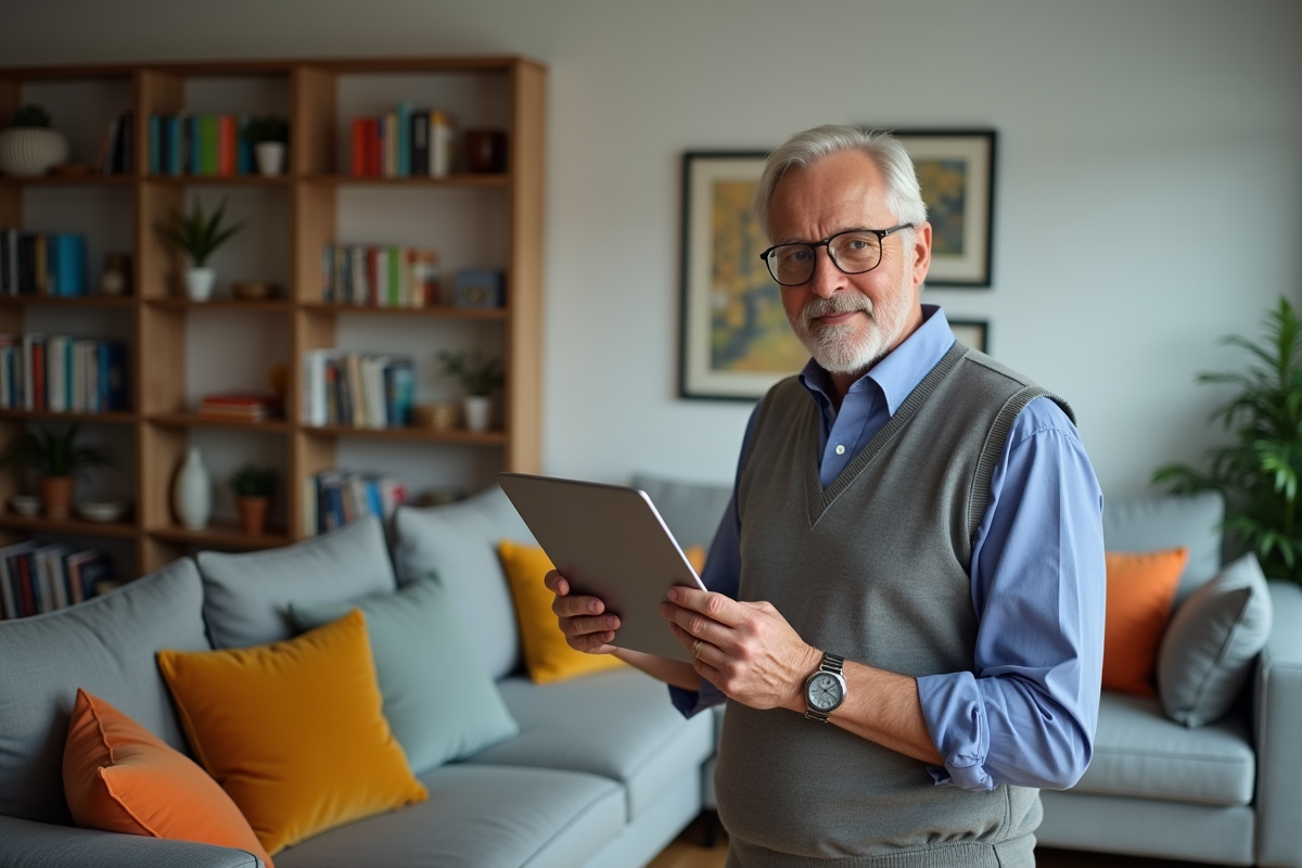Homme inspectant un salon meublé avec tablette dans un logement accueillant