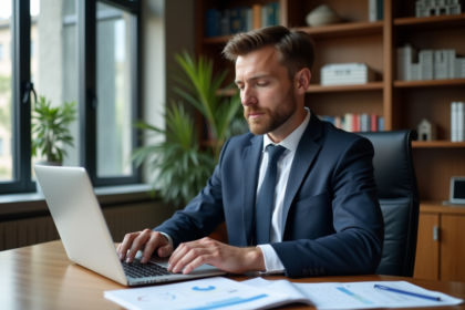 Homme d'affaires en costume bleu analysant des graphiques immobiliers