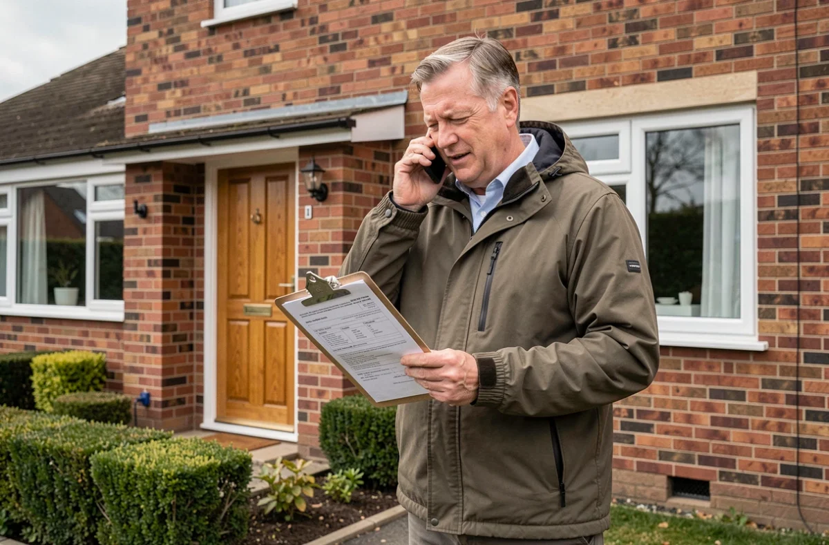 Homme téléphonant devant sa maison individuelle en tenant des documents d'assurance habitation