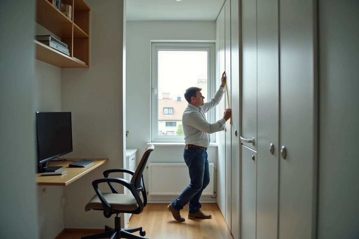 Homme mesurant un mur dans une petite chambre étroite