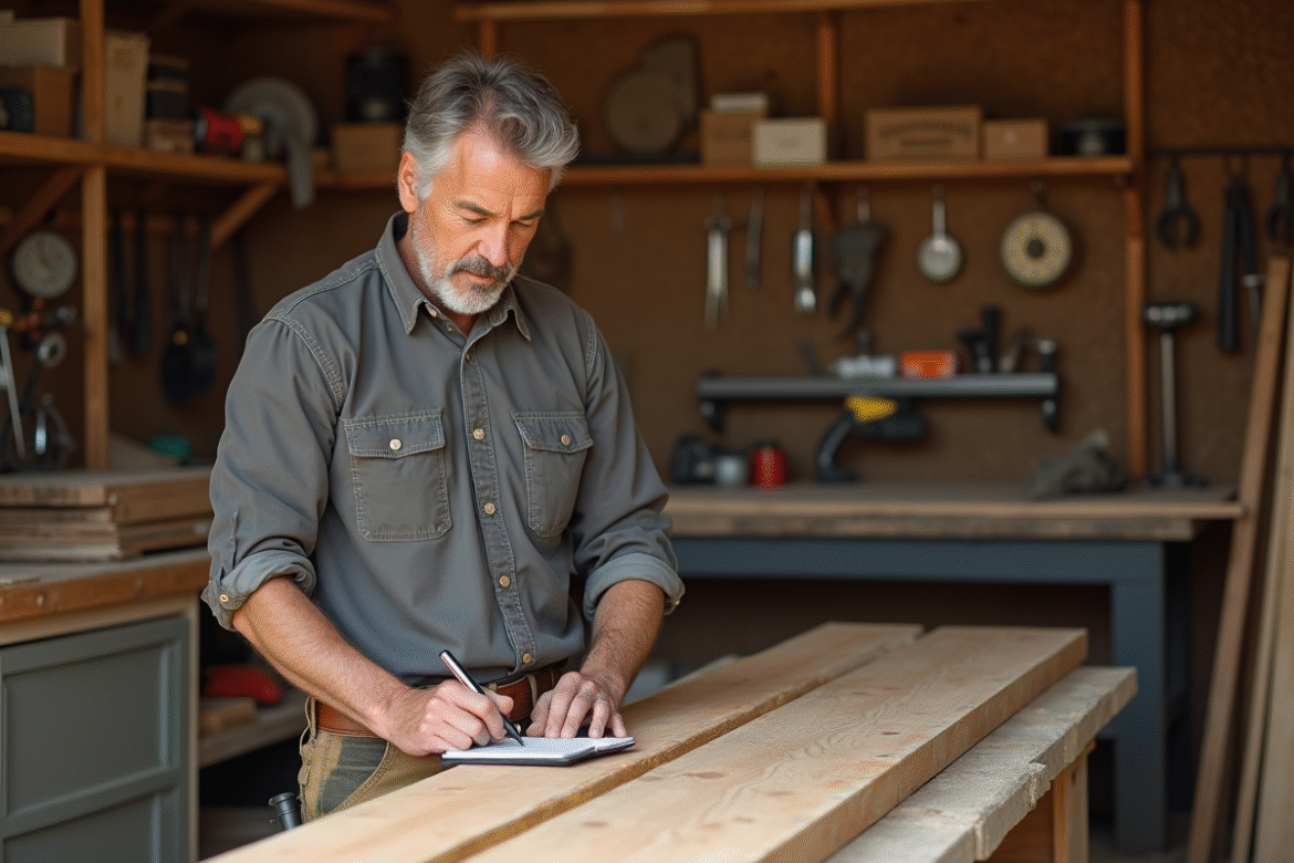 Homme mesurant un bois dans un atelier organisé