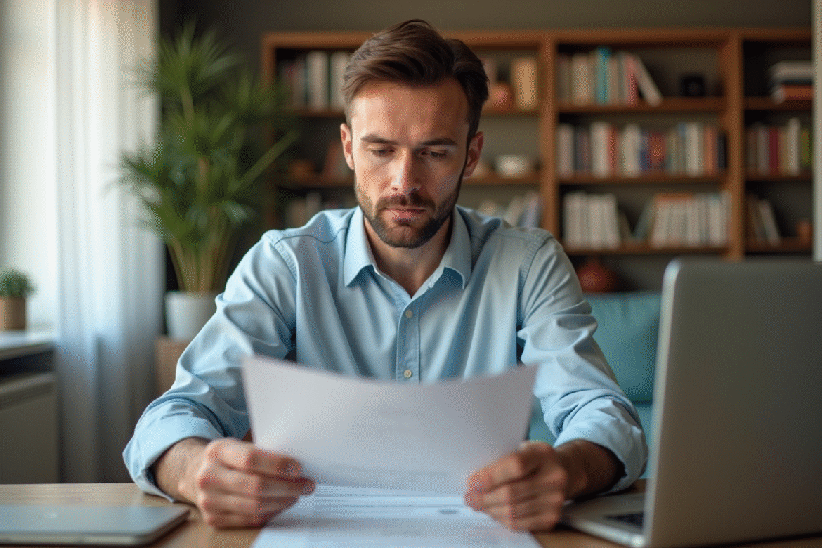Homme bien habille examine documents bancaires chez lui