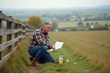 Homme en extérieur avec carte et roue de mesure dans un champ