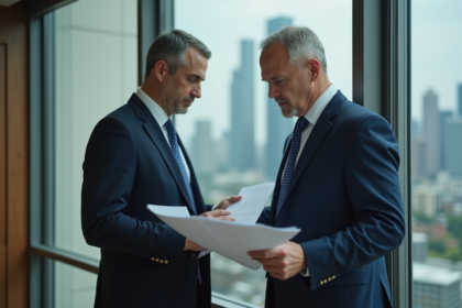 Homme en costume regardant documents immobiliers près d'une fenêtre