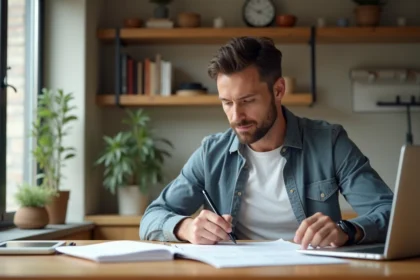 Homme en tenue décontractée préparant ses impôts à la maison