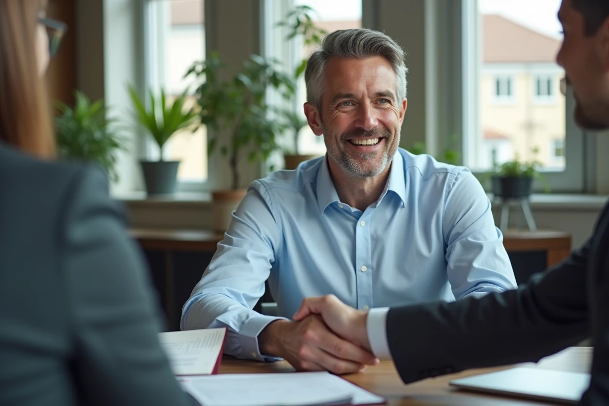 Homme professionnel remettant un contrat immobilier à une autre personne