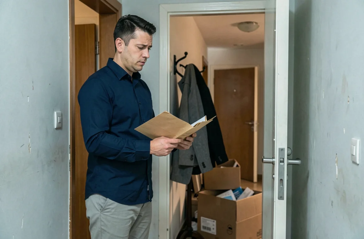 Homme tenant une enveloppe de documents juridiques près de la porte d'un appartement en colocation lors d'une rupture de bail
