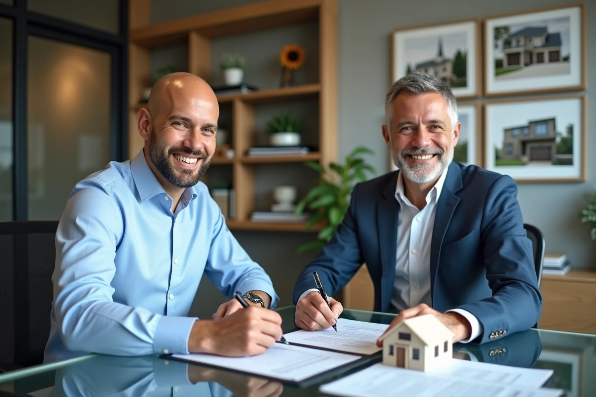 Homme signant un contrat immobilier avec agent souriant