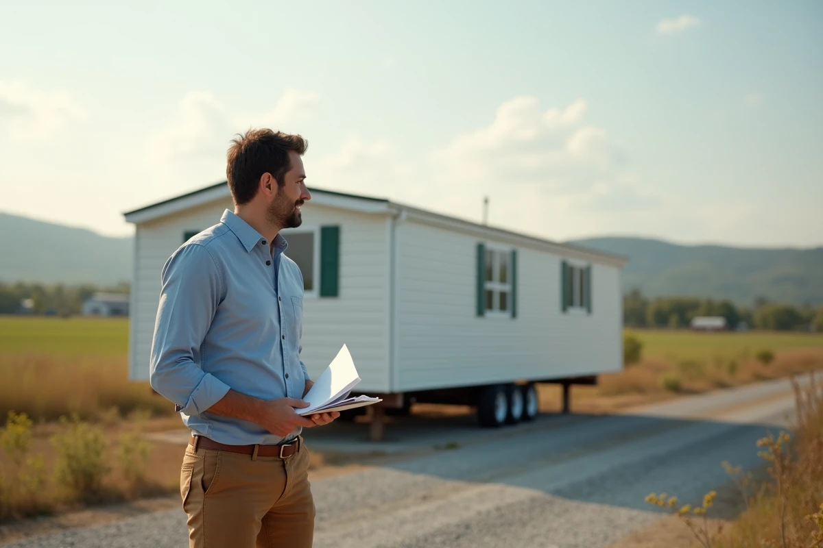 Homme confiant regardant une maison mobile en campagne