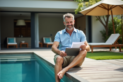 Homme souriant assis près de la piscine dans le jardin