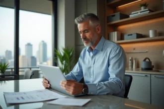 Homme d'âge moyen travaillant sur un ordinateur dans une cuisine moderne