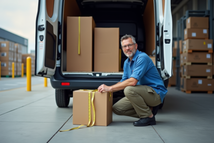 Homme vérifiant la cargaison dans un van de livraison