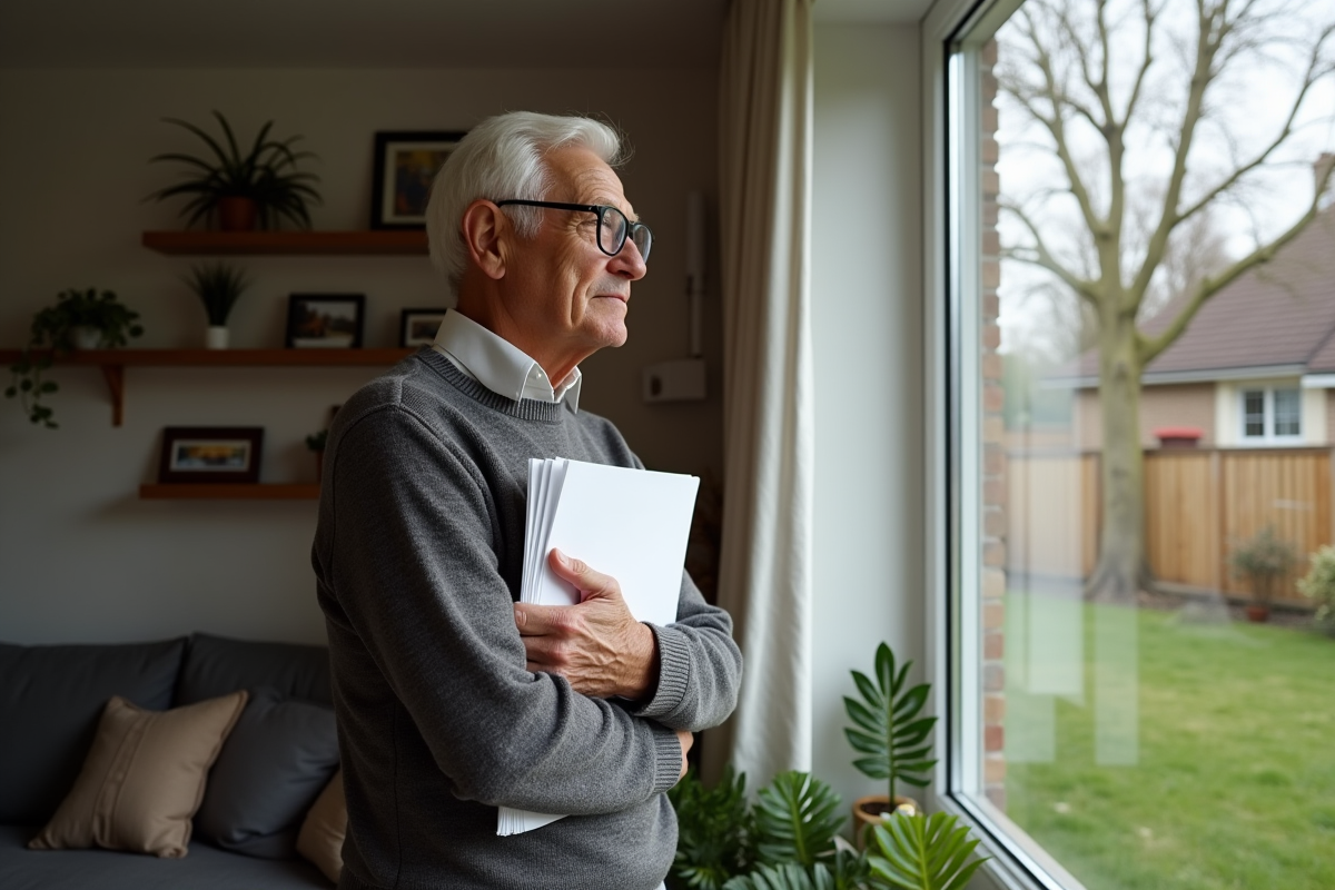 Homme âgé regardant par la fenêtre dans un salon familial chaleureux