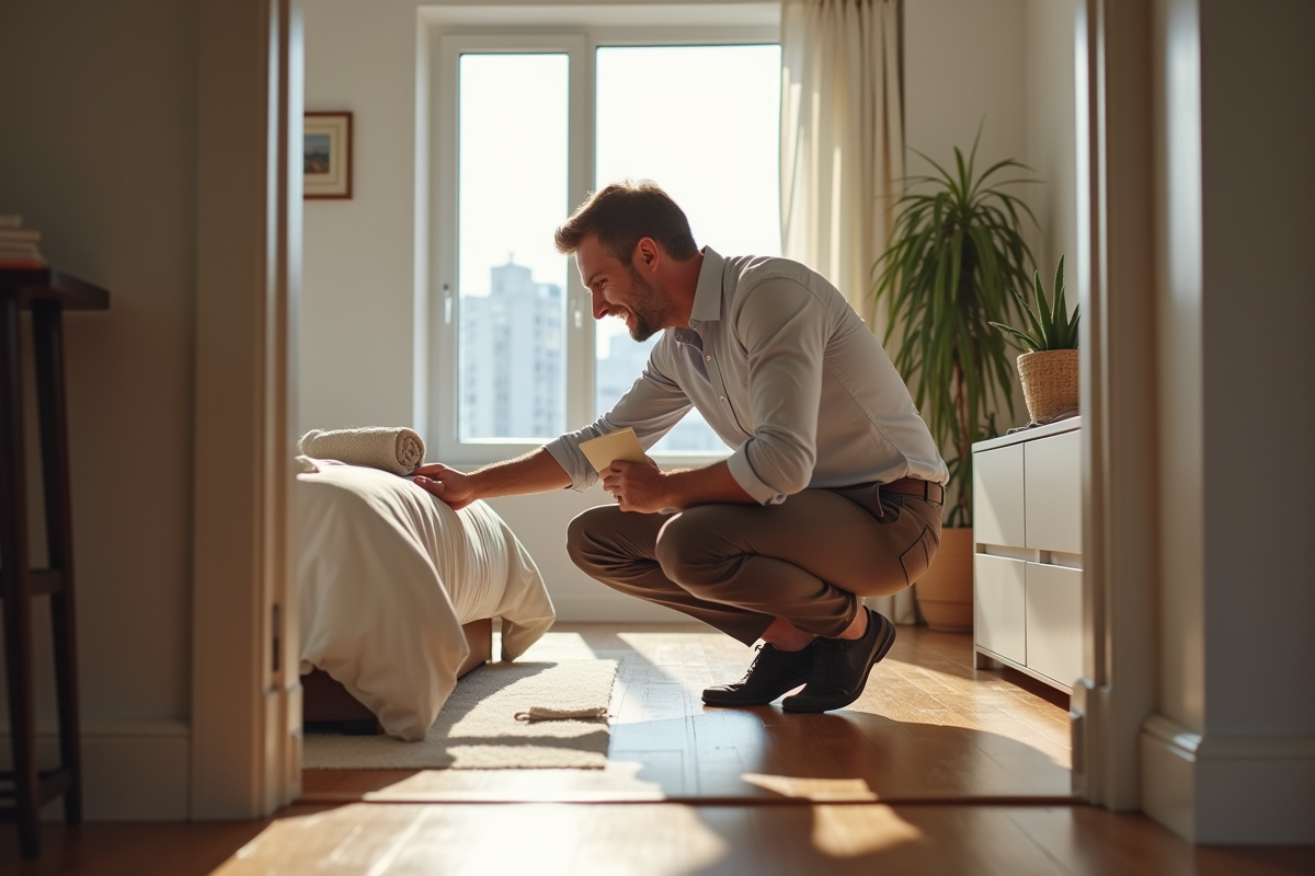 Homme arrangeant une chambre dans un intérieur Airbnb lumineux