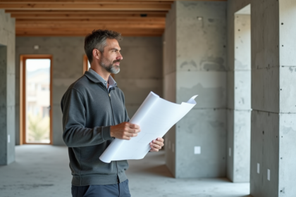 Ingénieur en construction avec plans devant mur en béton