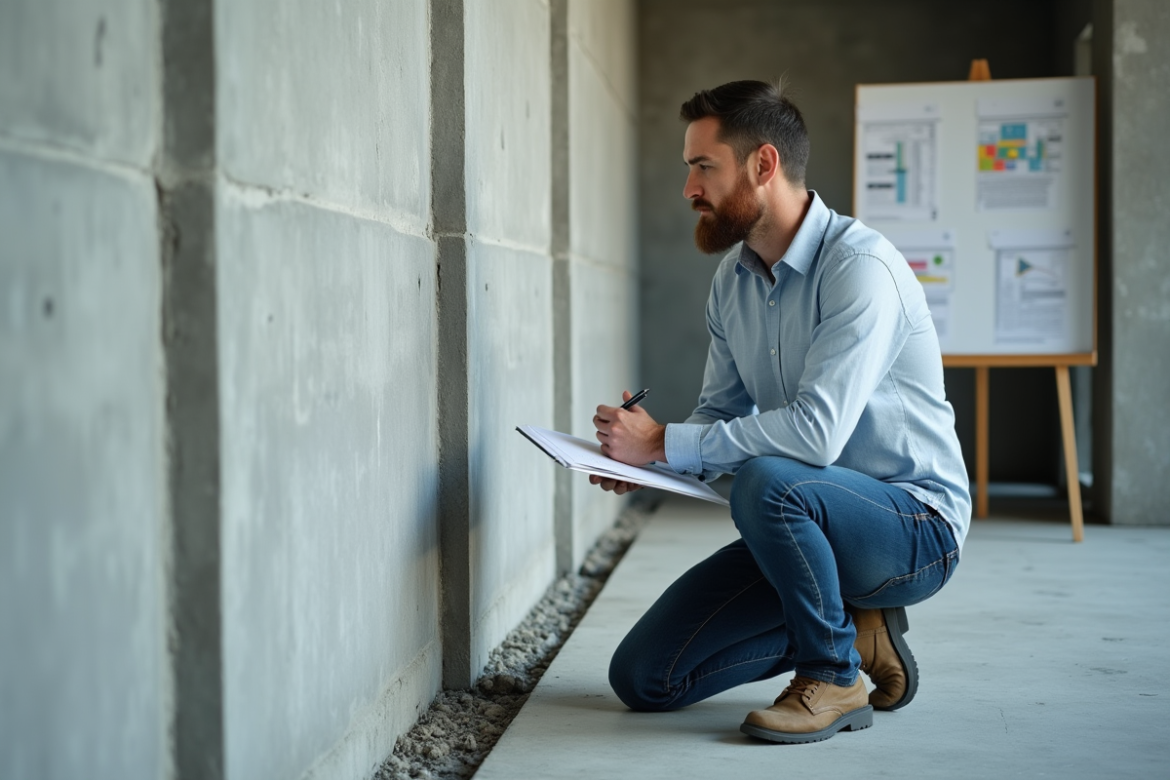 Ingénieur en structure examinant une fissure dans un mur en béton